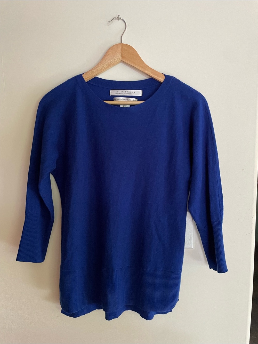 Max Studio 100% Merino Wool Royal Blue Crewneck Sweater
